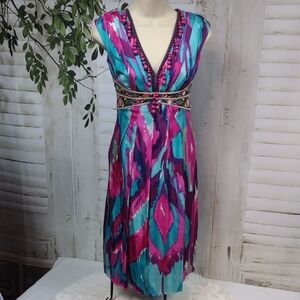 Nanette Lepore Colorful Silk Embroidered Midi Dress With Beading Size 4